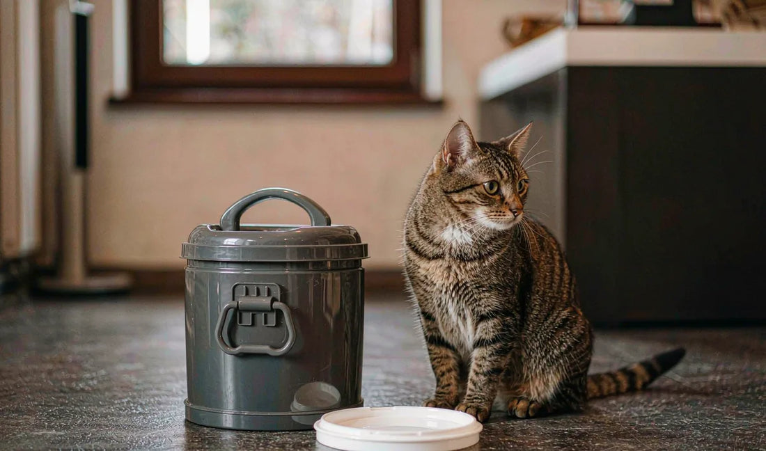 A tabby cat sitting beside a lidded storage container on a floor