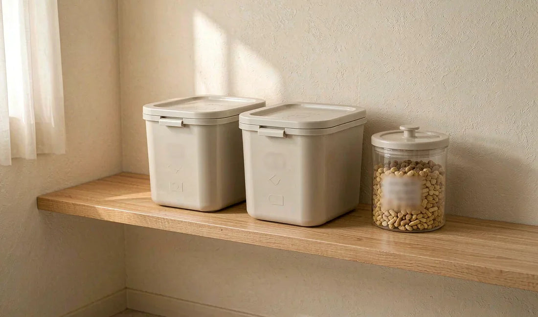 Storage bins and a jar standing side by side on a wooden shelf