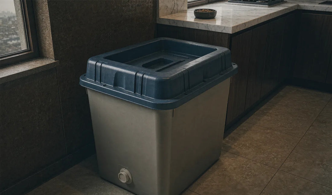 A rigid lidded pet food container on a concrete floor in an outbuilding