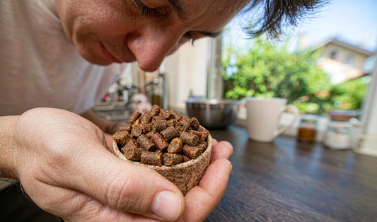 A person smelling a handful of dry dog kibble