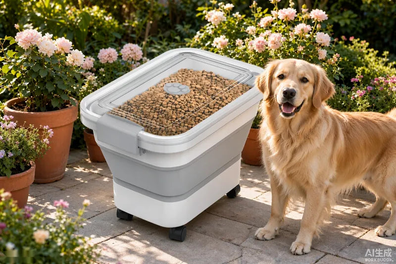 A dog in a sunny backyard garden