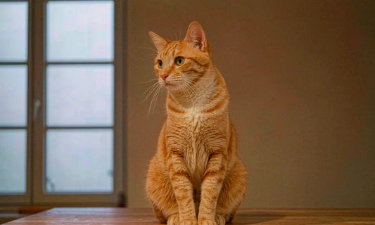 A ginger tabby cat sitting on a kitchen counter