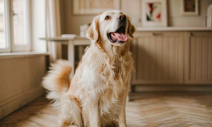 A golden retriever in a bright kitchen
