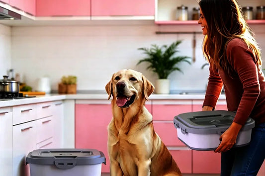 A bright kitchen with a dog and its owner