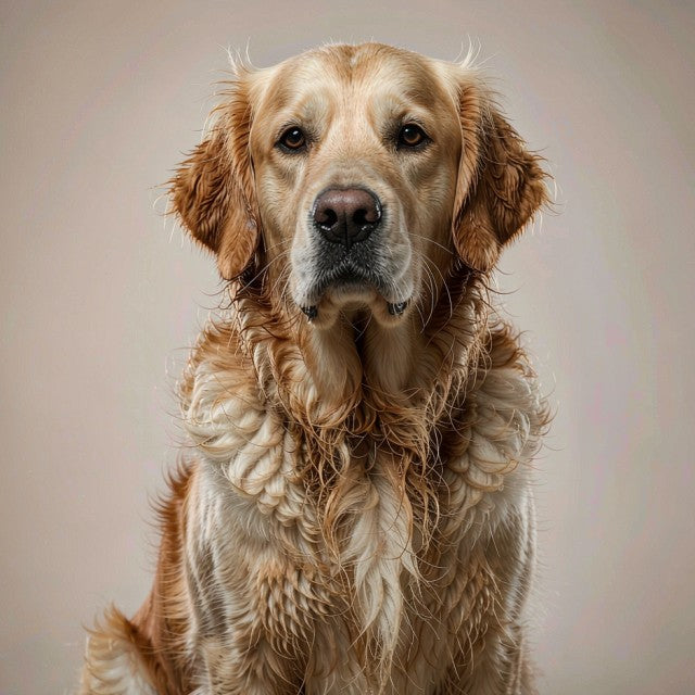 A large golden retriever at home