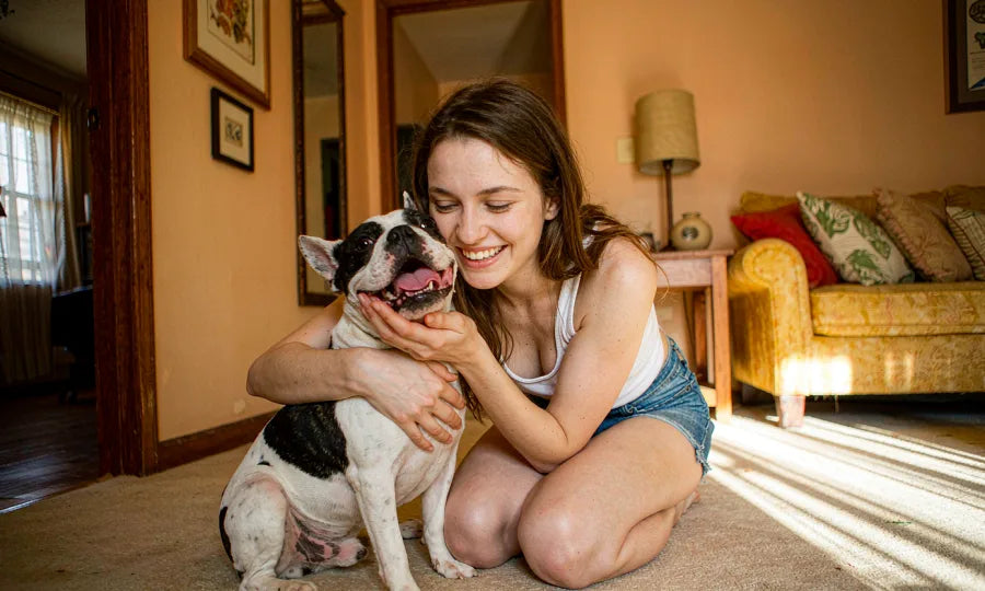 An owner hugging a happy french bulldog
