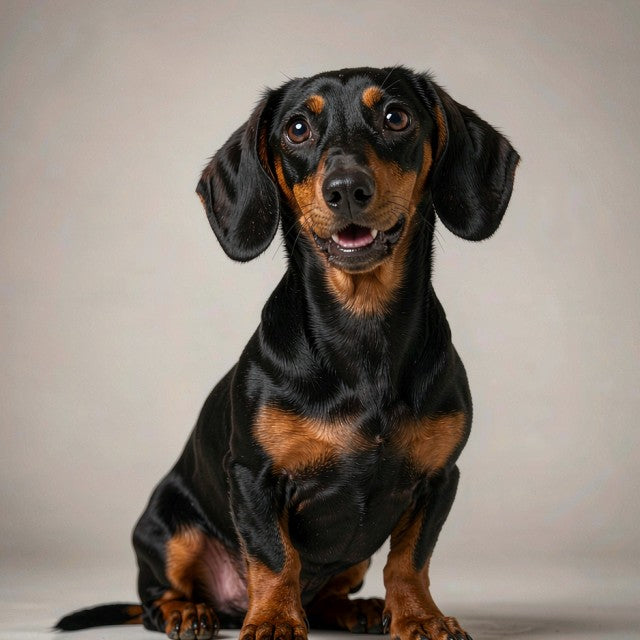 A small dachshund waiting for dinner