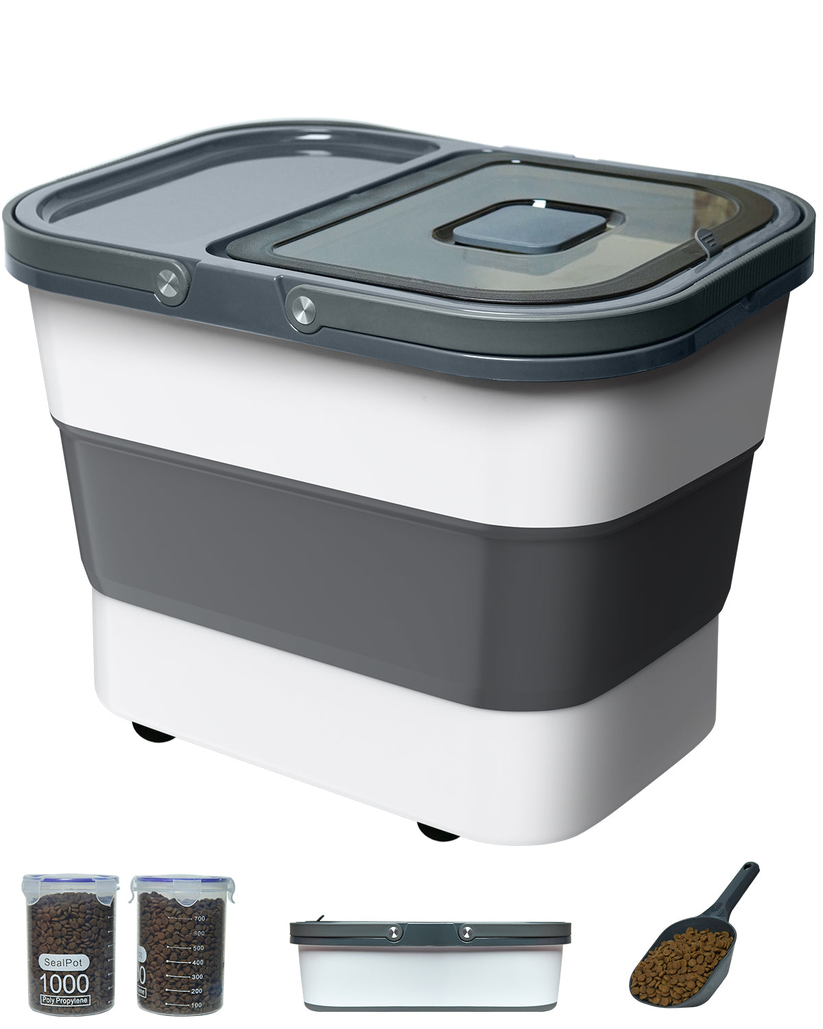 Collapsible Pet food storage Container, 30-32LBS, with Wheels, Dark Grey
