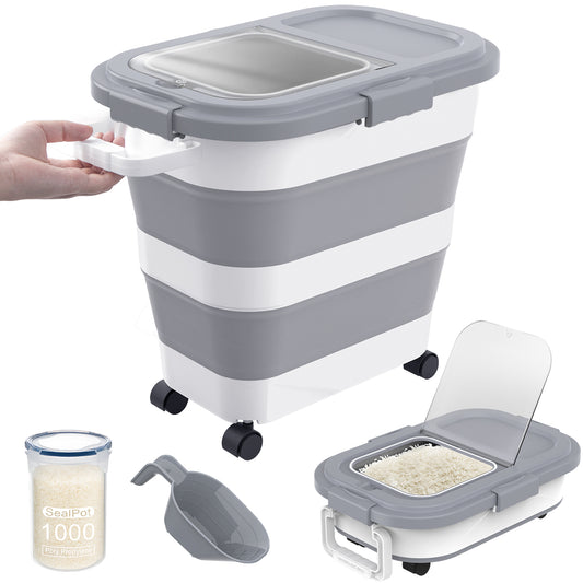 Collapsible Pet food storage Container, 23-25LBS, with Handle and Wheels, Grey