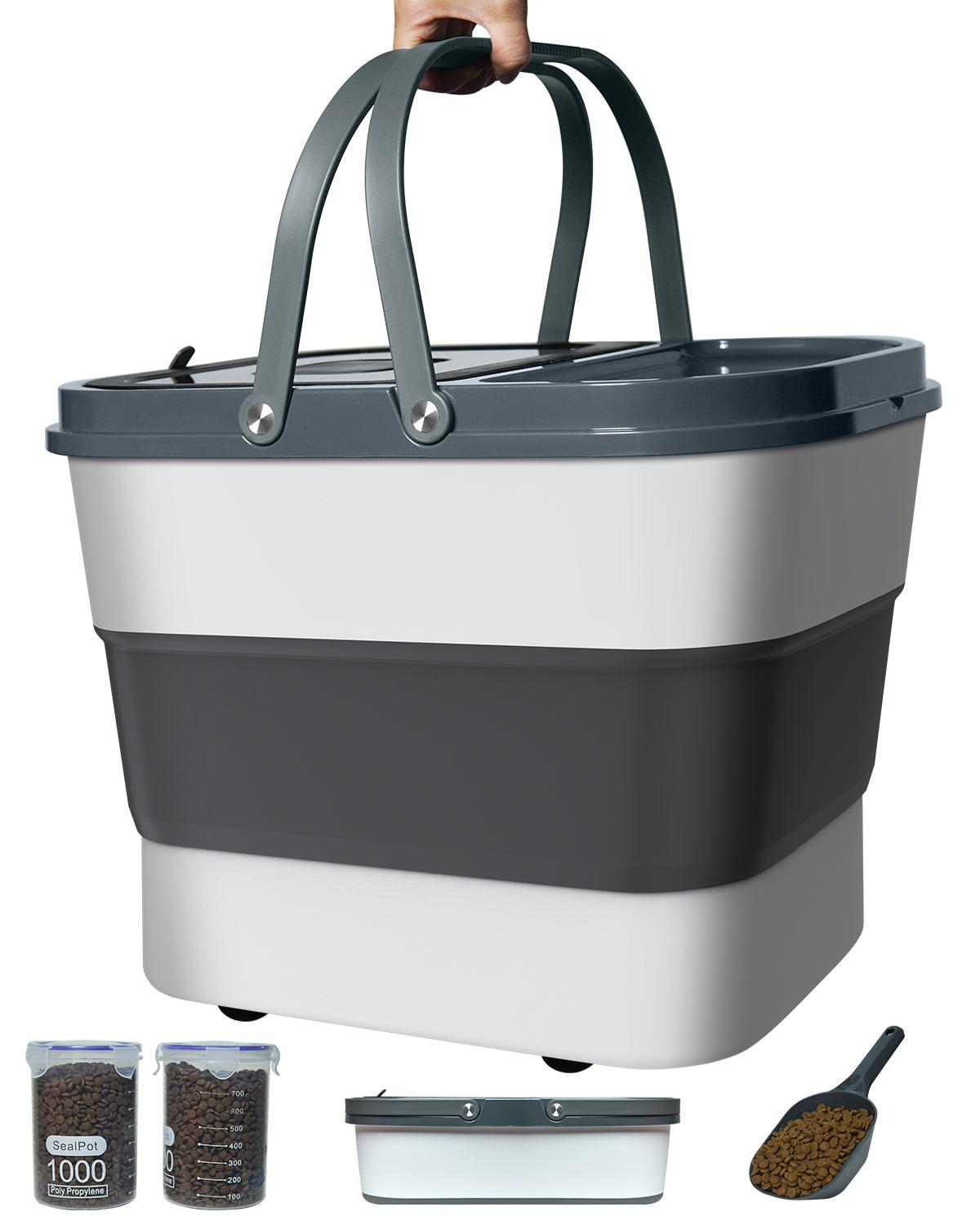 Collapsible Pet food storage Container, 30-32LBS, with Wheels, Dark Grey