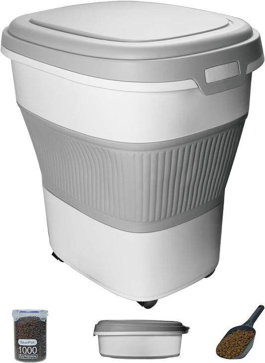 Collapsible Pet food storage Container, 30-32LBS, with Wheels, Grey