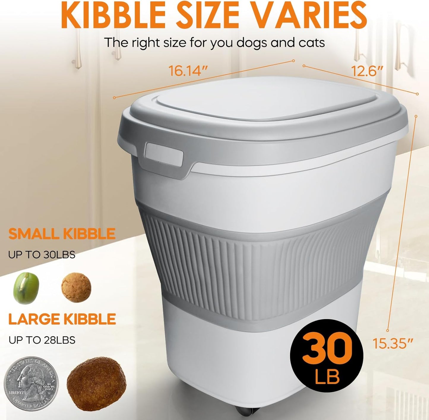 Collapsible Pet food storage Container, 30-32LBS, with Wheels, Grey