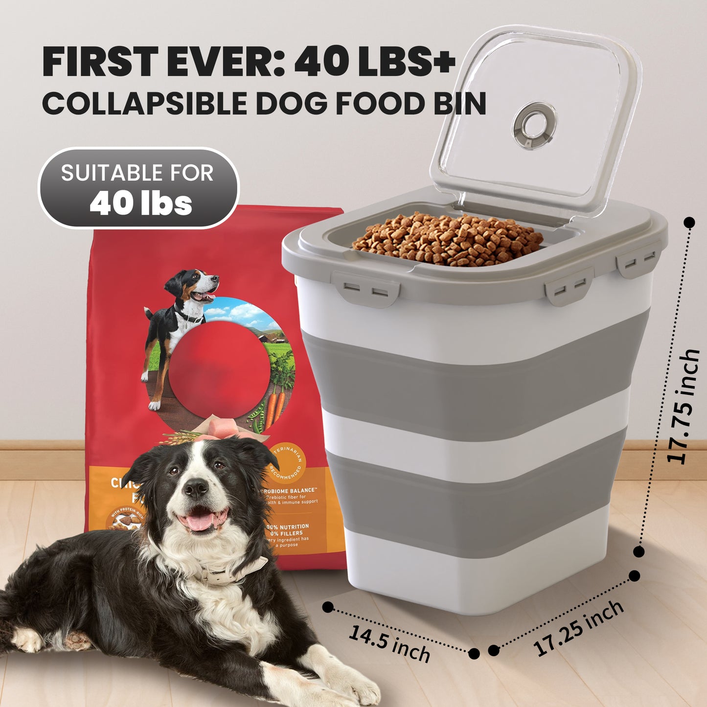 Collapsible Pet food storage Container, 38-42LBS, with Wheels, Grey