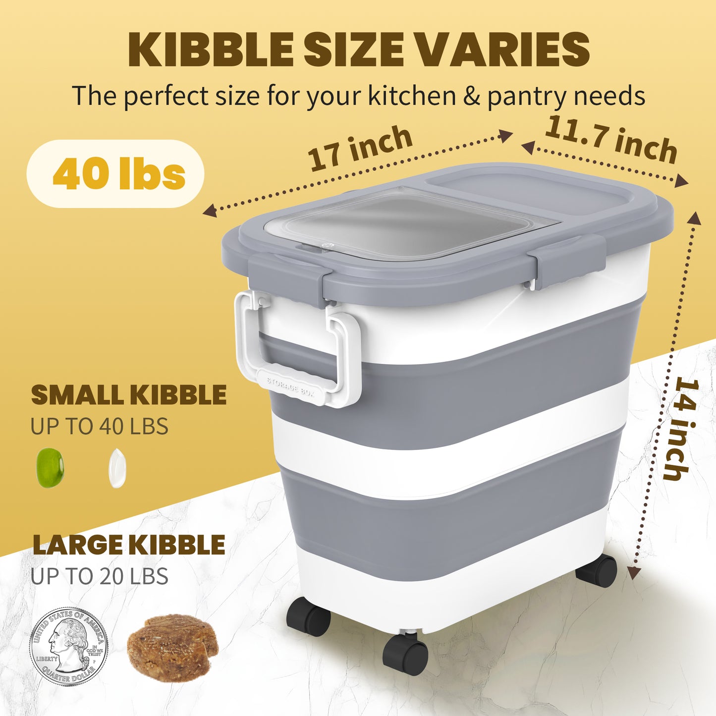 Collapsible Pet food storage Container, 23-25LBS, with Handle and Wheels, Grey