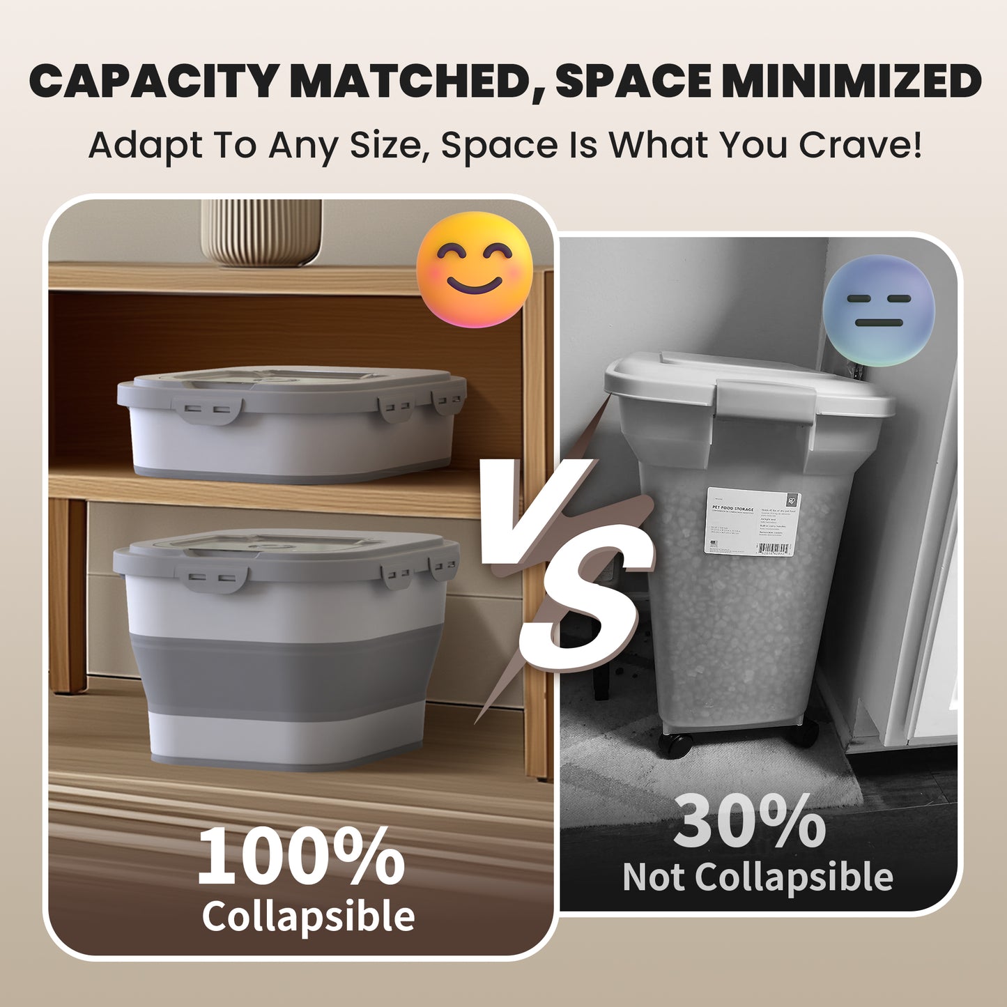 Collapsible Pet food storage Container, 38-42LBS, with Wheels, Grey