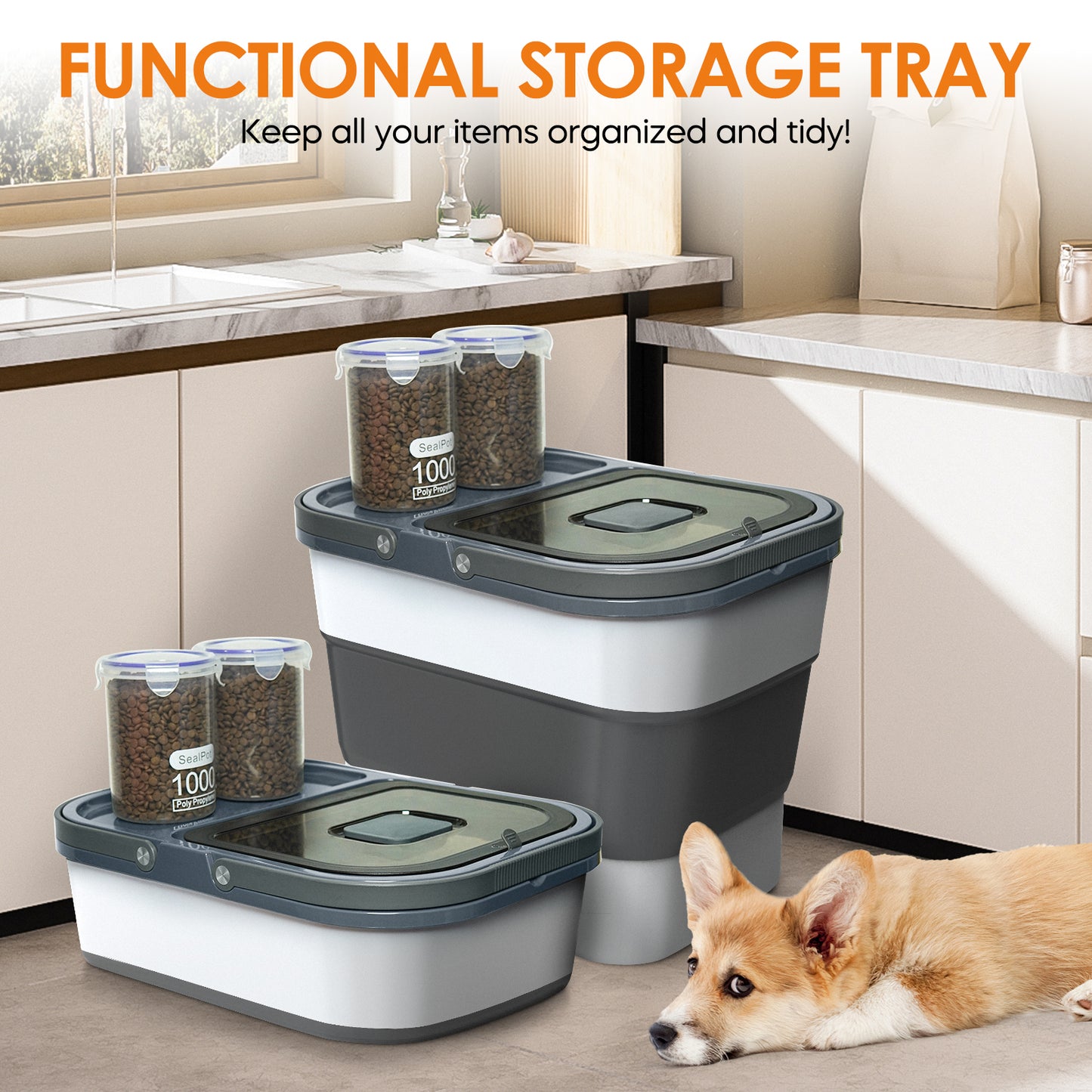 Collapsible Pet food storage Container, 30-32LBS, with Wheels, Dark Grey