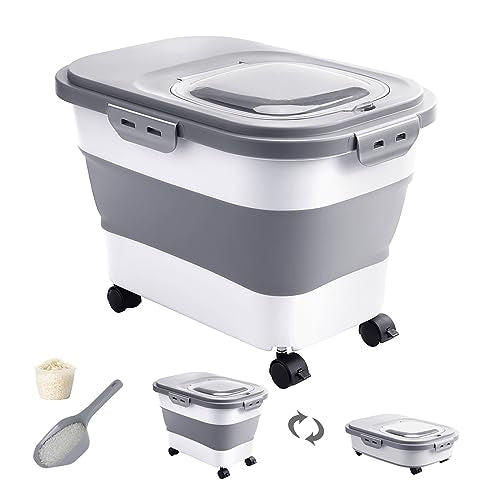 Collapsible Pet food storage Container, 20-23LBS, with Wheels, Grey