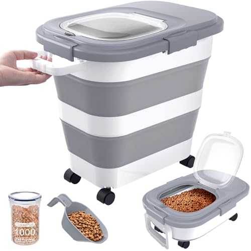 Collapsible Pet food storage Container, 23-25LBS, with Handle and Wheels, Grey