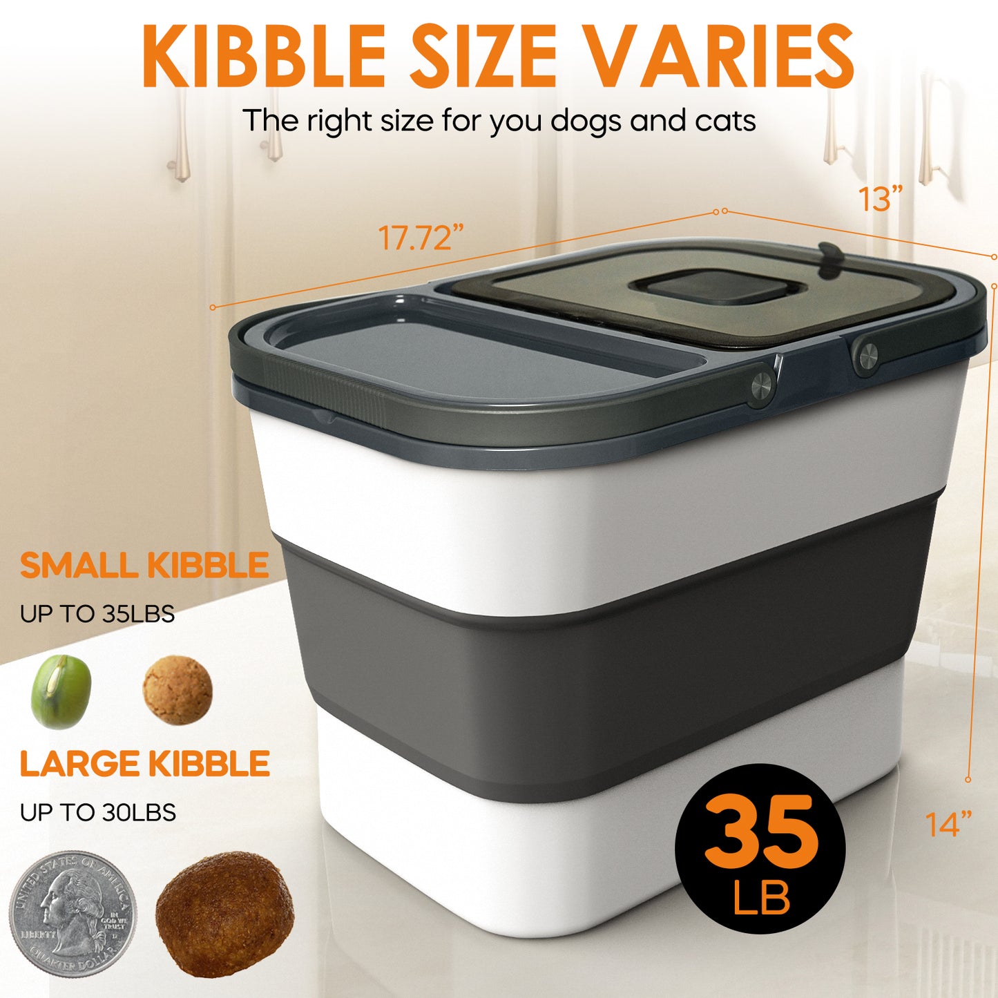Collapsible Pet food storage Container, 30-32LBS, with Wheels, Dark Grey