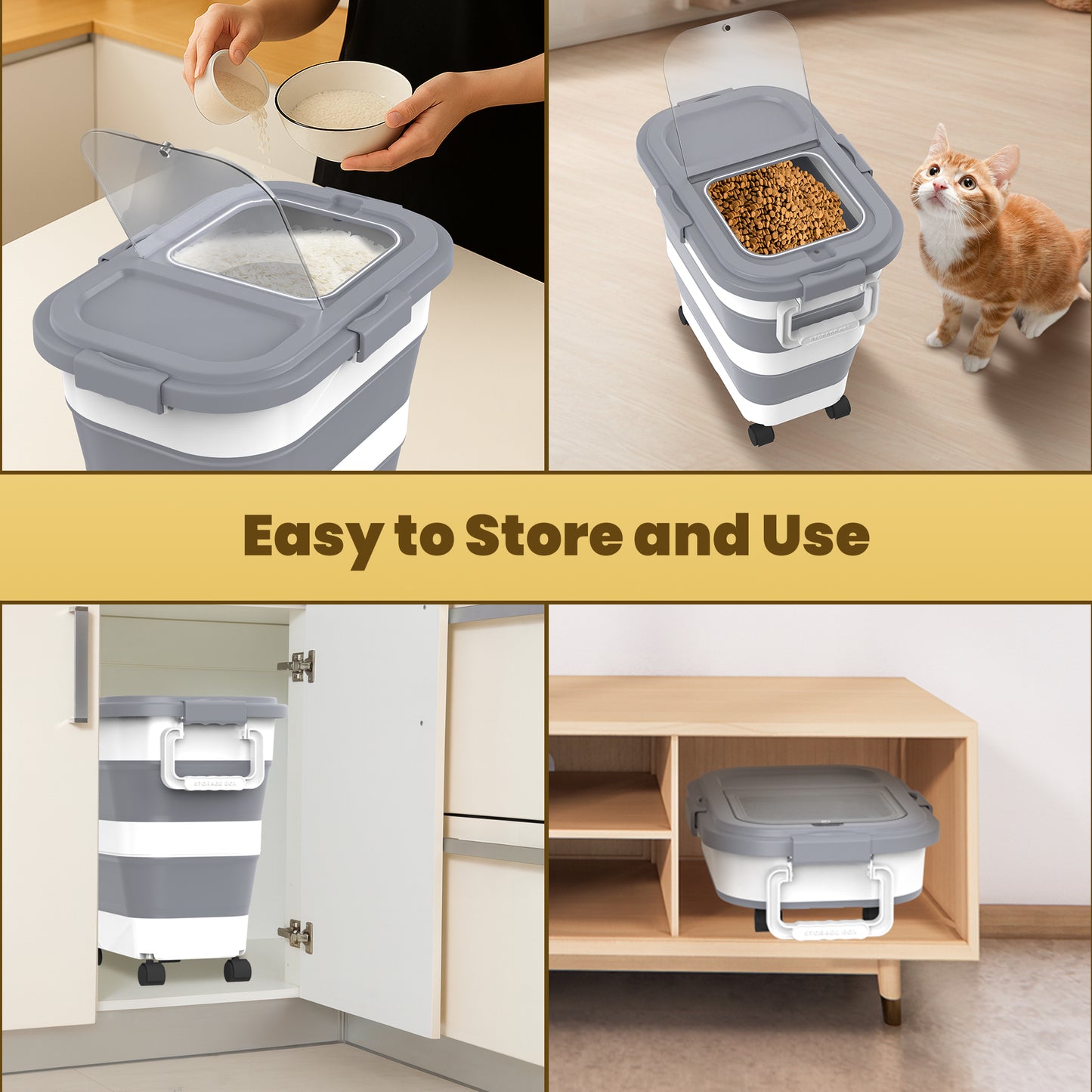 Collapsible Pet food storage Container, 23-25LBS, with Handle and Wheels, Grey