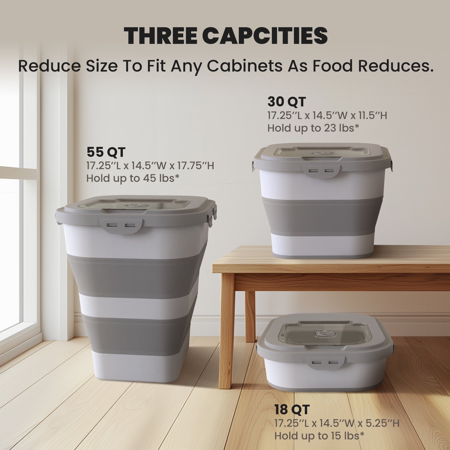 Collapsible Pet food storage Container, 38-42LBS, with Wheels, Grey