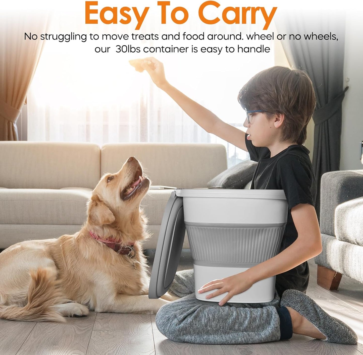 Collapsible Pet food storage Container, 30-32LBS, with Wheels, Grey