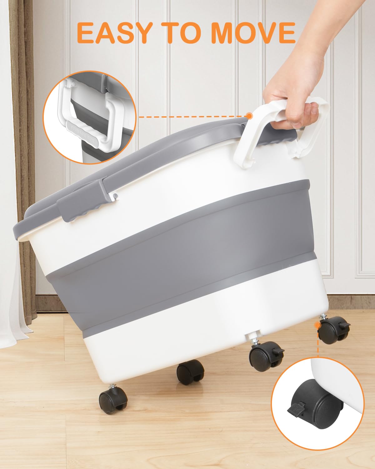 Collapsible Pet food storage Container, 20-23LBS, with Handle and Wheels, Grey