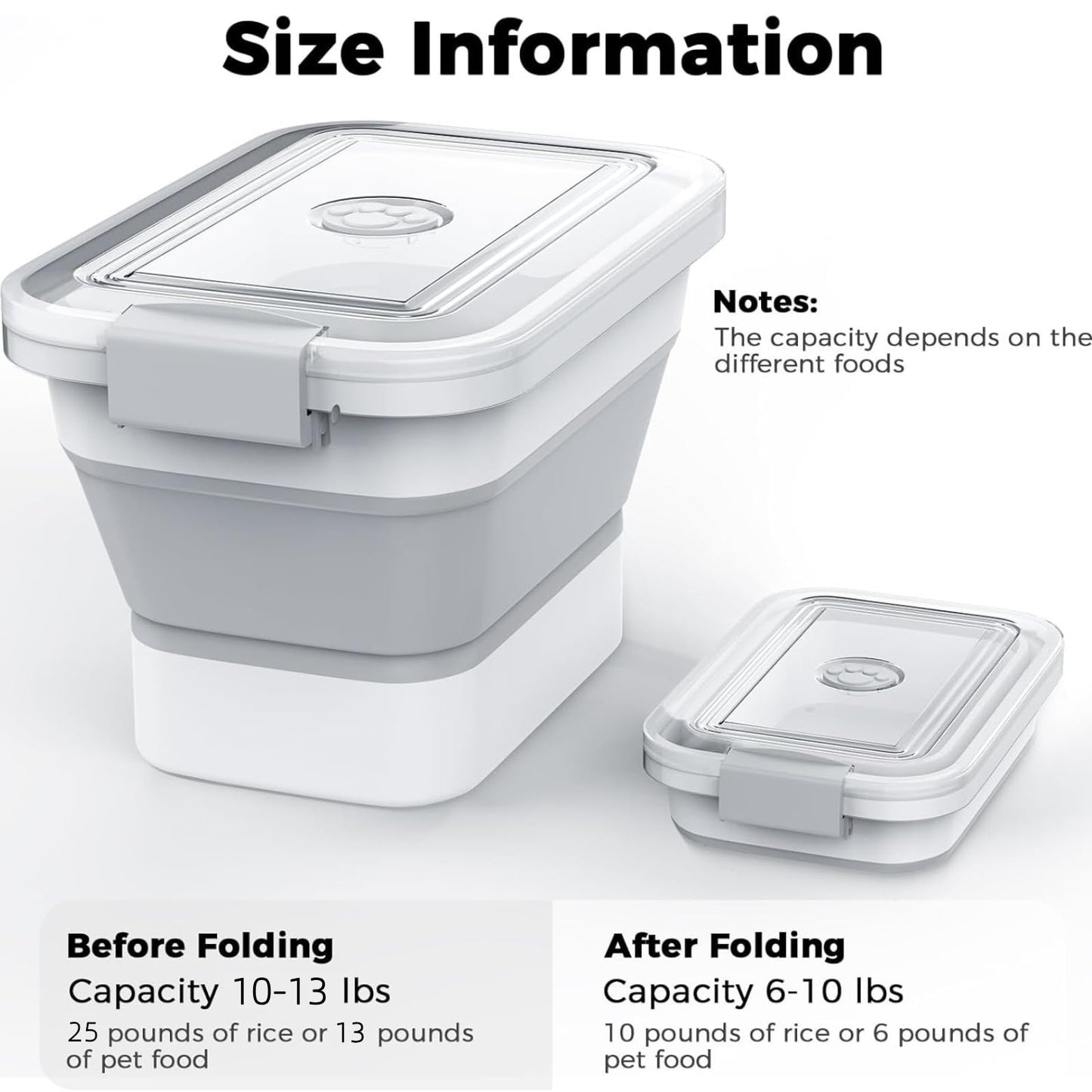 Collapsible Pet food storage Container, 10-13LBS, with Wheels, Grey
