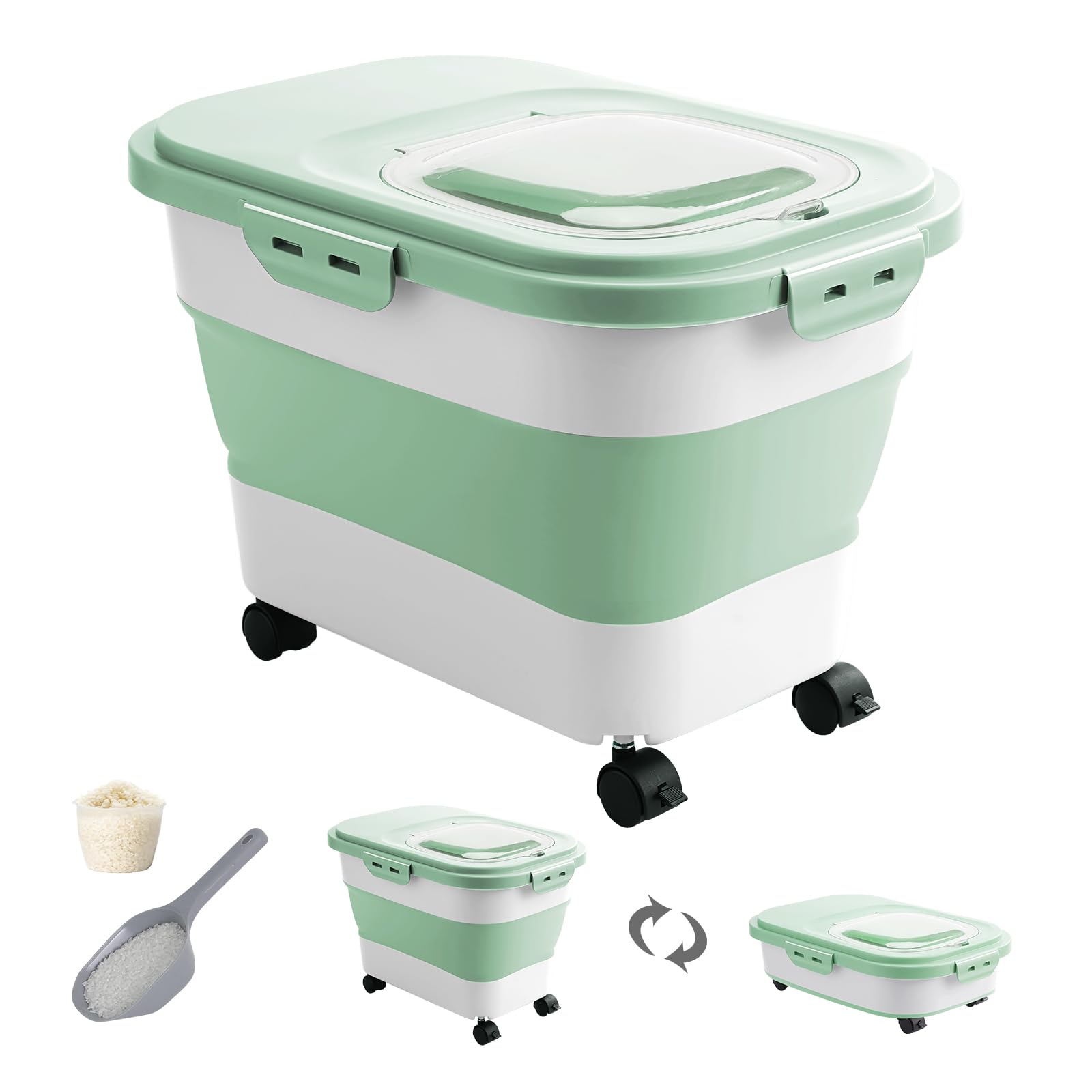 20-30 Lbs Rice Storage Container,Collapsible Food Storage Containers with Rolling Wheel Airtight Locking Lid,Flour Storage Container with Cup and Scoop,Suitable for Food,Rice,Pet Food,Flour