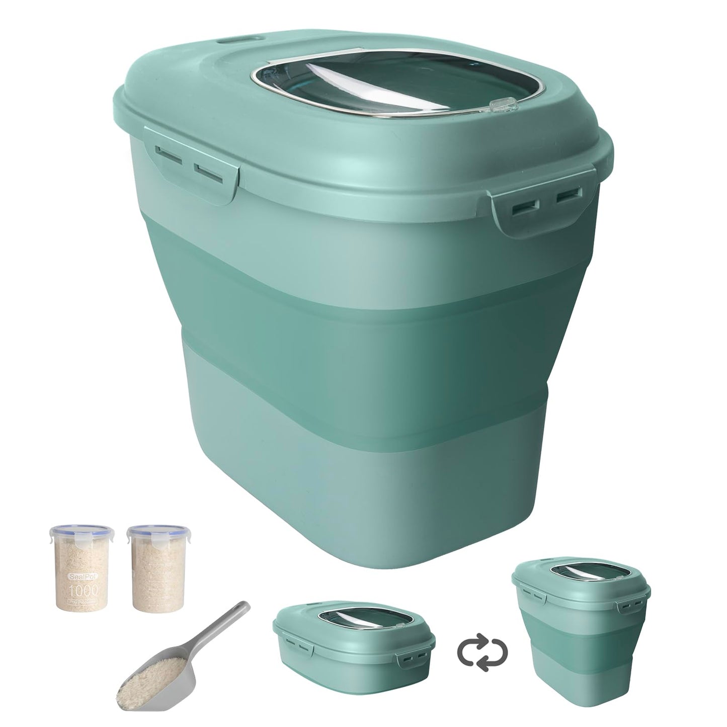 20-30 Lbs Rice Storage Container,Collapsible Food Storage Containers with Rolling Wheel Airtight Locking Lid,Flour Storage Container with Cup and Scoop,Suitable for Food,Rice,Pet Food,Flour