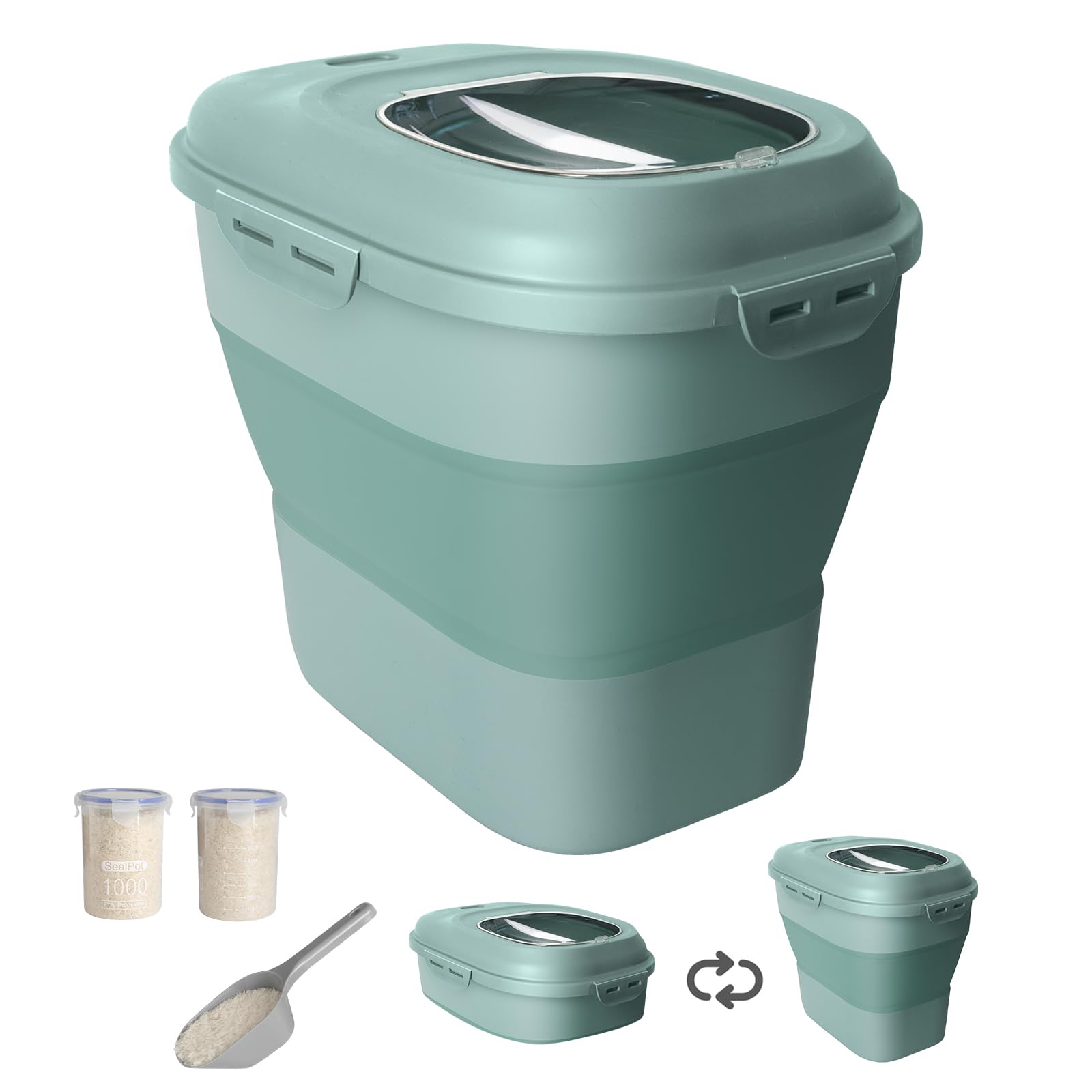 20-30 Lbs Rice Storage Container,Collapsible Food Storage Containers with Rolling Wheel Airtight Locking Lid,Flour Storage Container with Cup and Scoop,Suitable for Food,Rice,Pet Food,Flour
