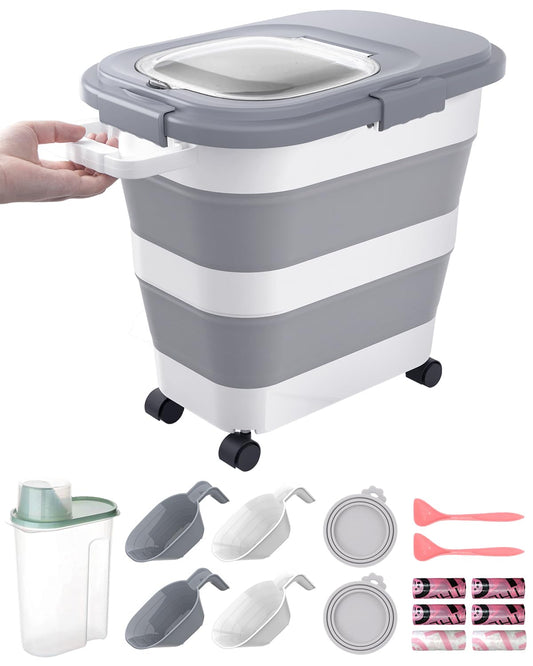 DDMOMMY 23-25 Lbs Airtight Dog Food Storage Container,Collapsible Pet food storage Container,All-in-One Cat Food Container Set with Scoops,Can Covers & Can Opener Spoons,Small Bin and Waste Bags