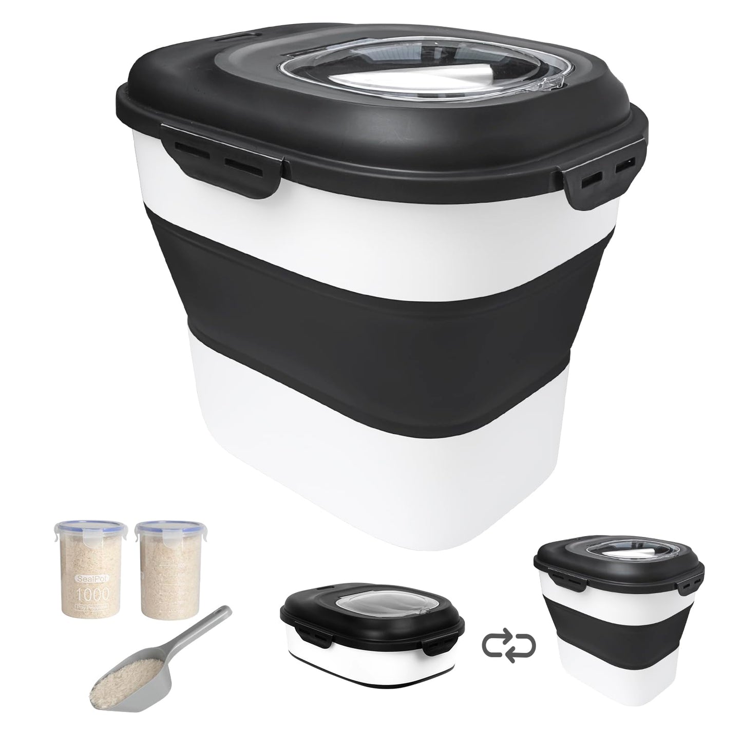 20-30 Lbs Rice Storage Container,Collapsible Food Storage Containers with Rolling Wheel Airtight Locking Lid,Flour Storage Container with Cup and Scoop,Suitable for Food,Rice,Pet Food,Flour