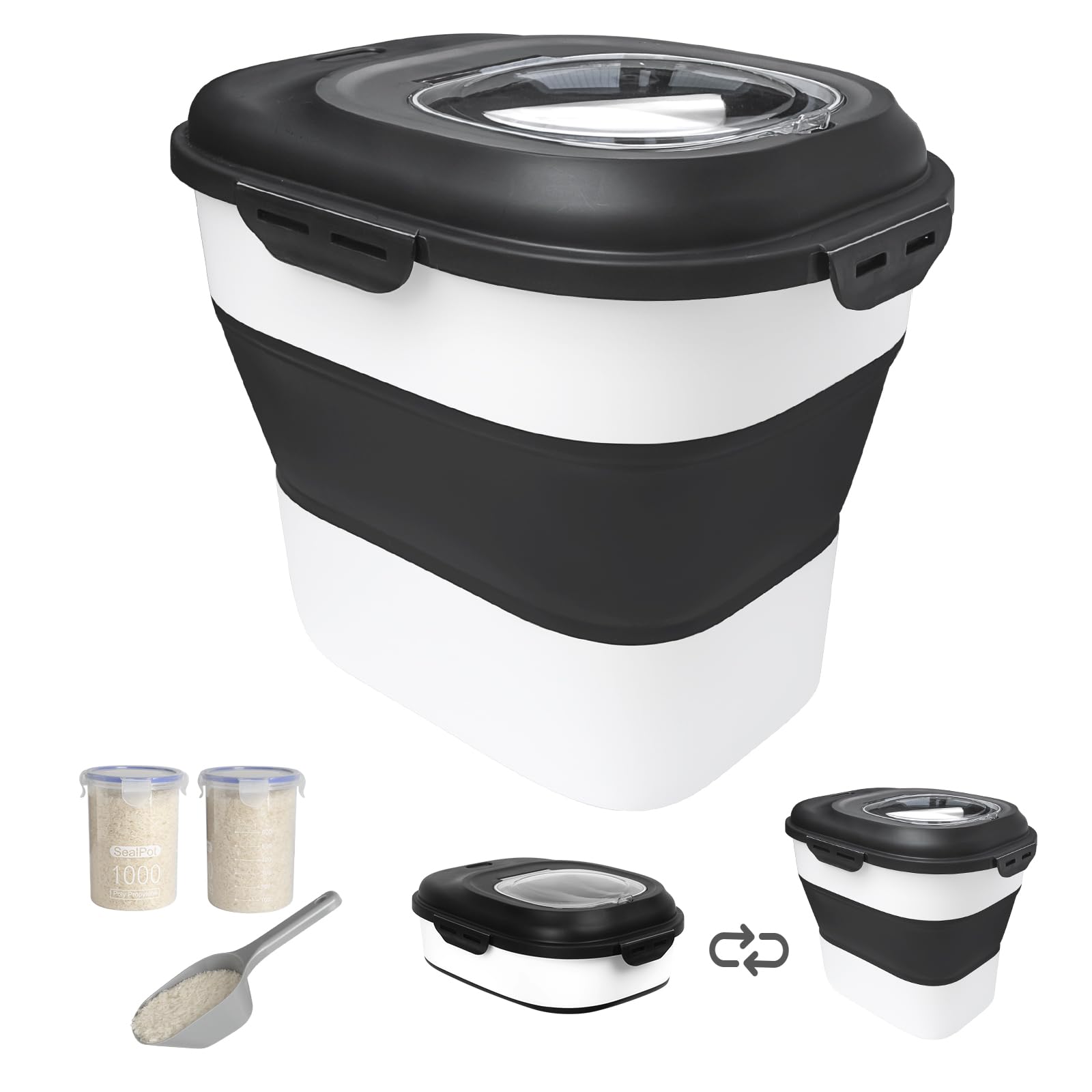 20-30 Lbs Rice Storage Container,Collapsible Food Storage Containers with Rolling Wheel Airtight Locking Lid,Flour Storage Container with Cup and Scoop,Suitable for Food,Rice,Pet Food,Flour