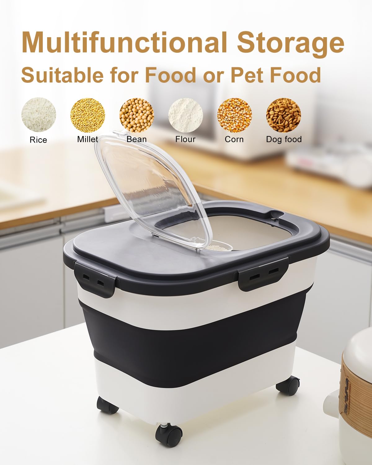 Collapsible Pet food storage Container, 20-23LBS, with Wheels, Black