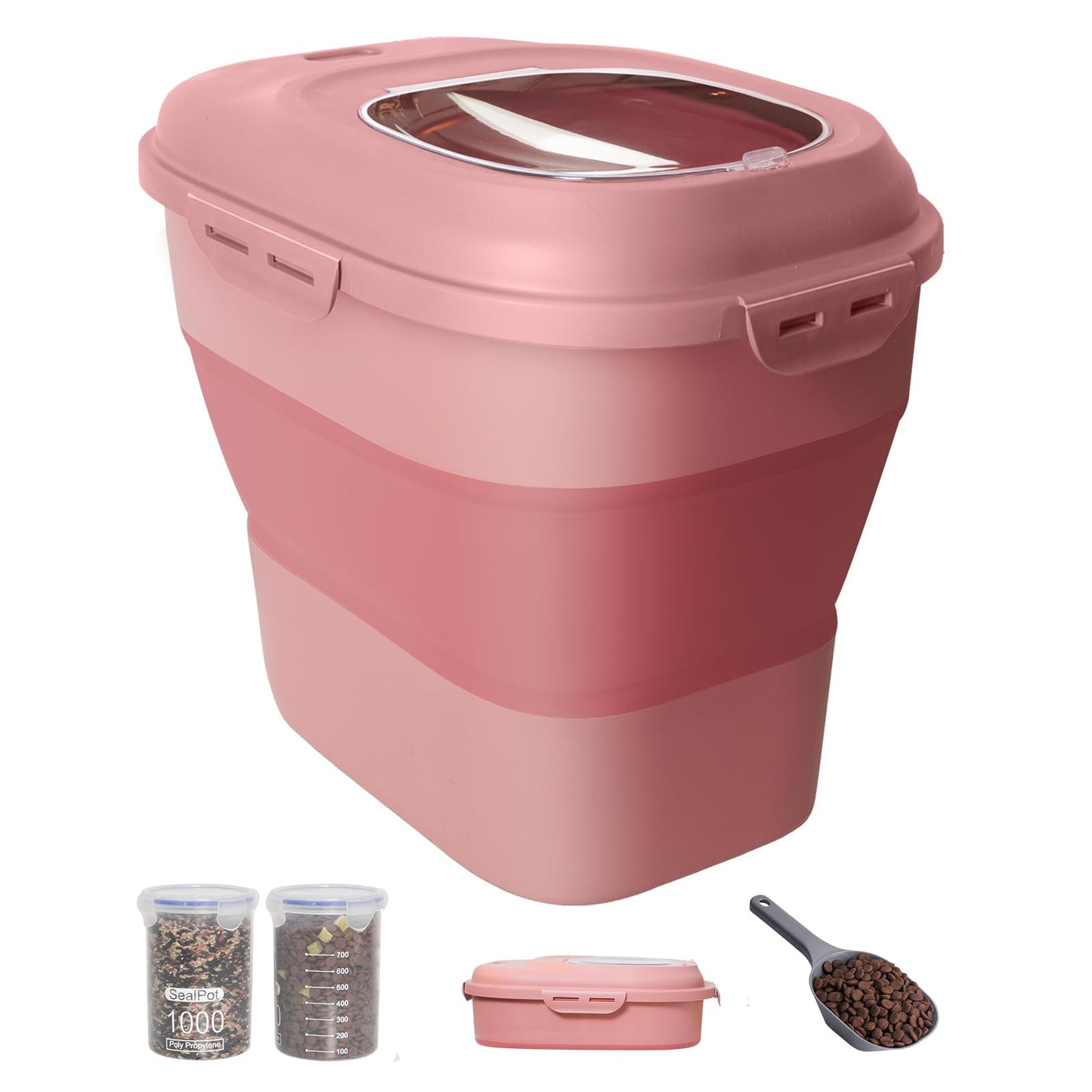 DDMOMMY 30-35 Lbs Dog Food Storage Container Collapsible Dog Food Container with Airtight Lids, Wheels, Scoop and 2pcs Food Storage Containers, Large Pet food storage for Dog, Cat (Pink)
