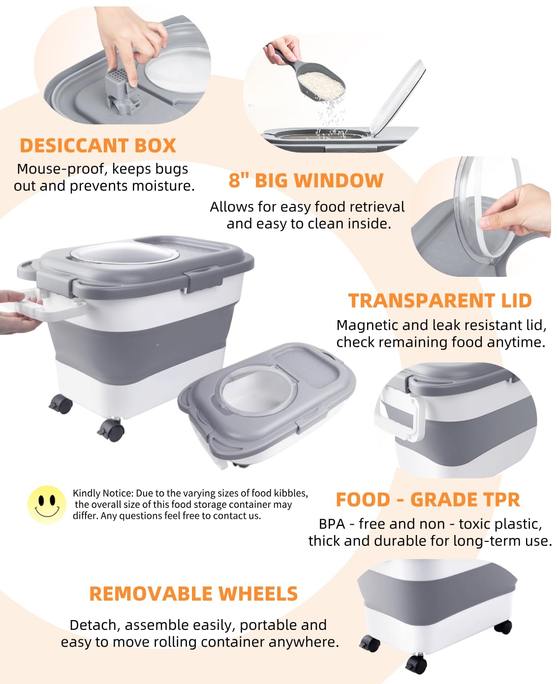 Collapsible Pet food storage Container, 20-23LBS, with Handle and Wheels, Grey