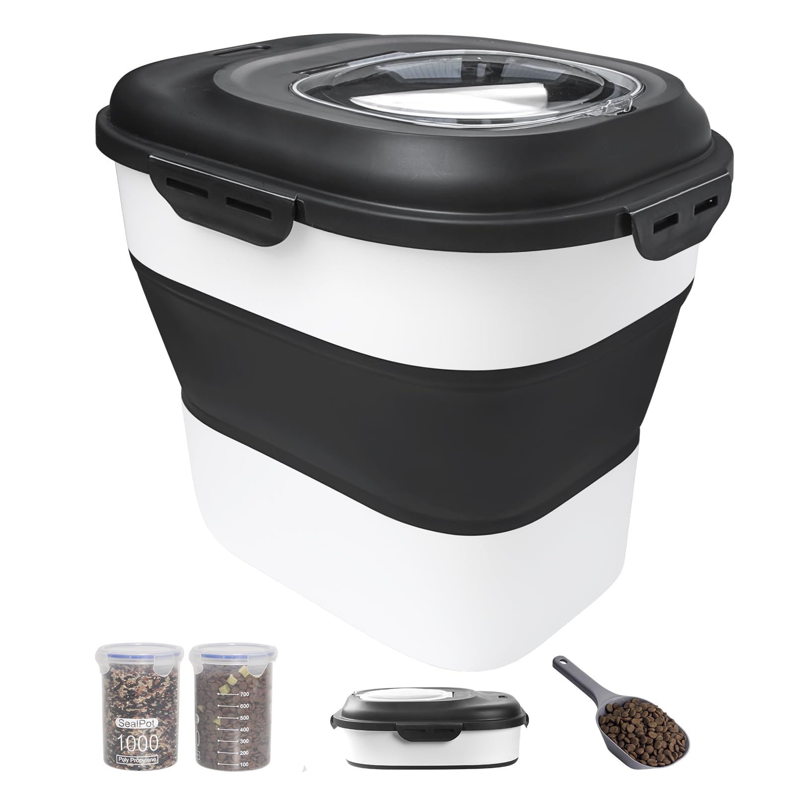 DDMOMMY 30-35 Lbs Dog Food Storage Container Collapsible Dog Food Container with Airtight Lids, Wheels, Scoop and 2pcs Food Storage Containers, Large Pet food storage for Dog, Cat (Black)