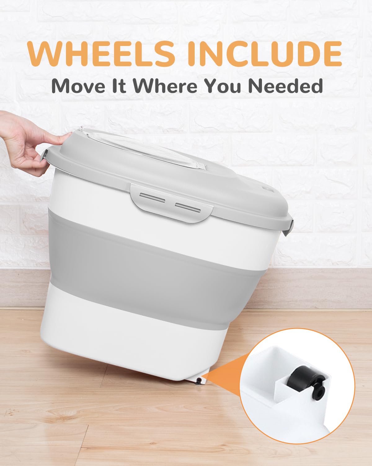 Collapsible Pet food storage Container, 30-32LBS, with Wheels, Grey
