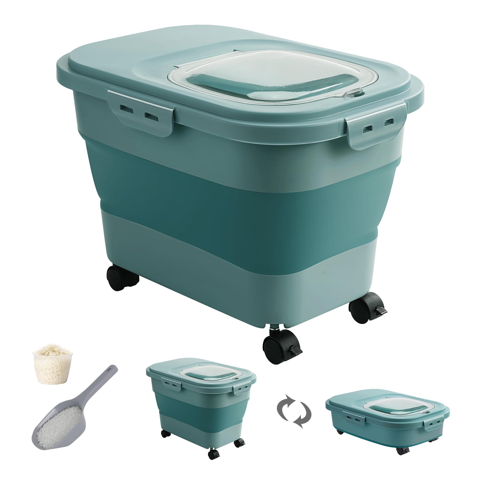 20-30 Lbs Rice Storage Container,Collapsible Food Storage Containers with Rolling Wheel Airtight Locking Lid,Flour Storage Container with Cup and Scoop,Suitable for Food,Rice,Pet Food,Flour