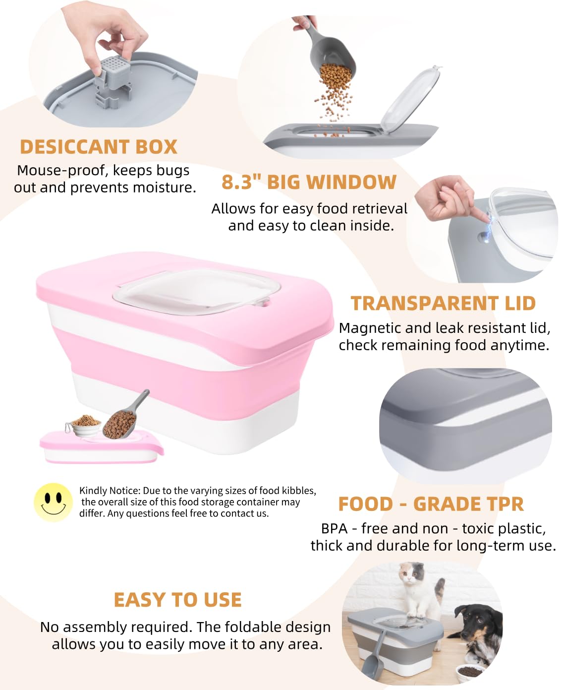 Collapsible Pet food storage Container, 10-13LBS, Pink