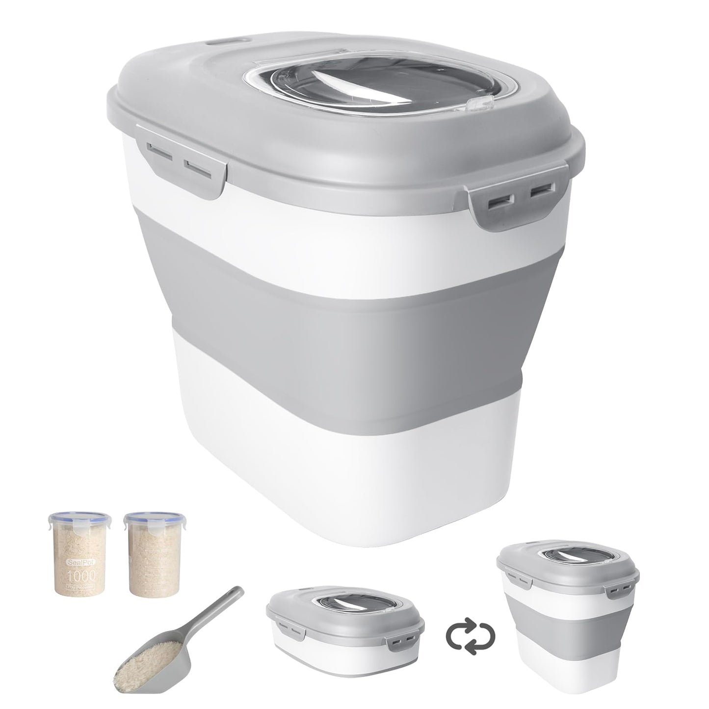 20-30 Lbs Rice Storage Container,Collapsible Food Storage Containers with Rolling Wheel Airtight Locking Lid,Flour Storage Container with Cup and Scoop,Suitable for Food,Rice,Pet Food,Flour