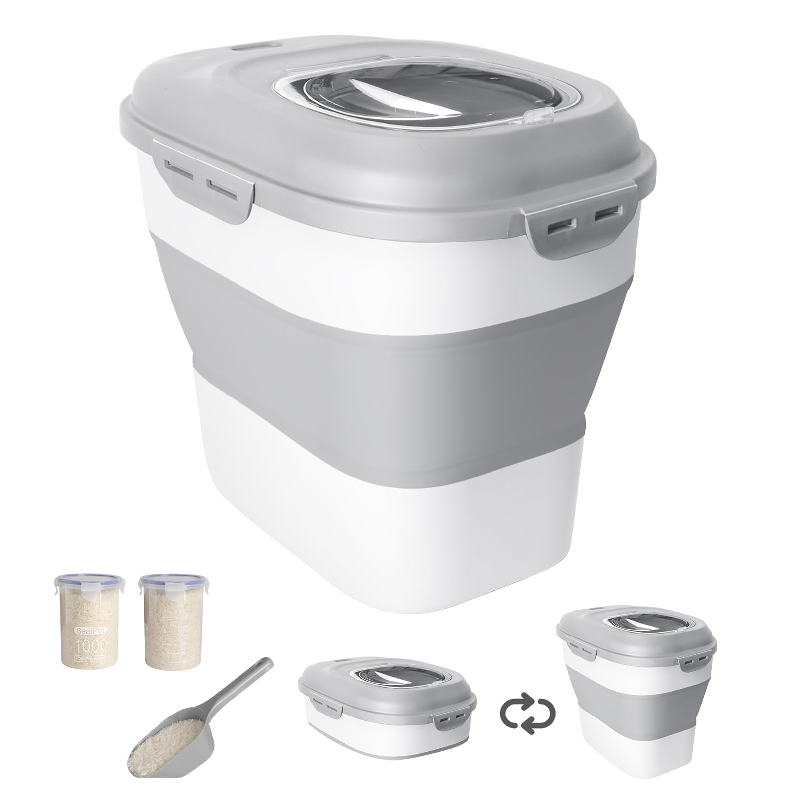 20-30 Lbs Rice Storage Container,Collapsible Food Storage Containers with Rolling Wheel Airtight Locking Lid,Flour Storage Container with Cup and Scoop,Suitable for Food,Rice,Pet Food,Flour