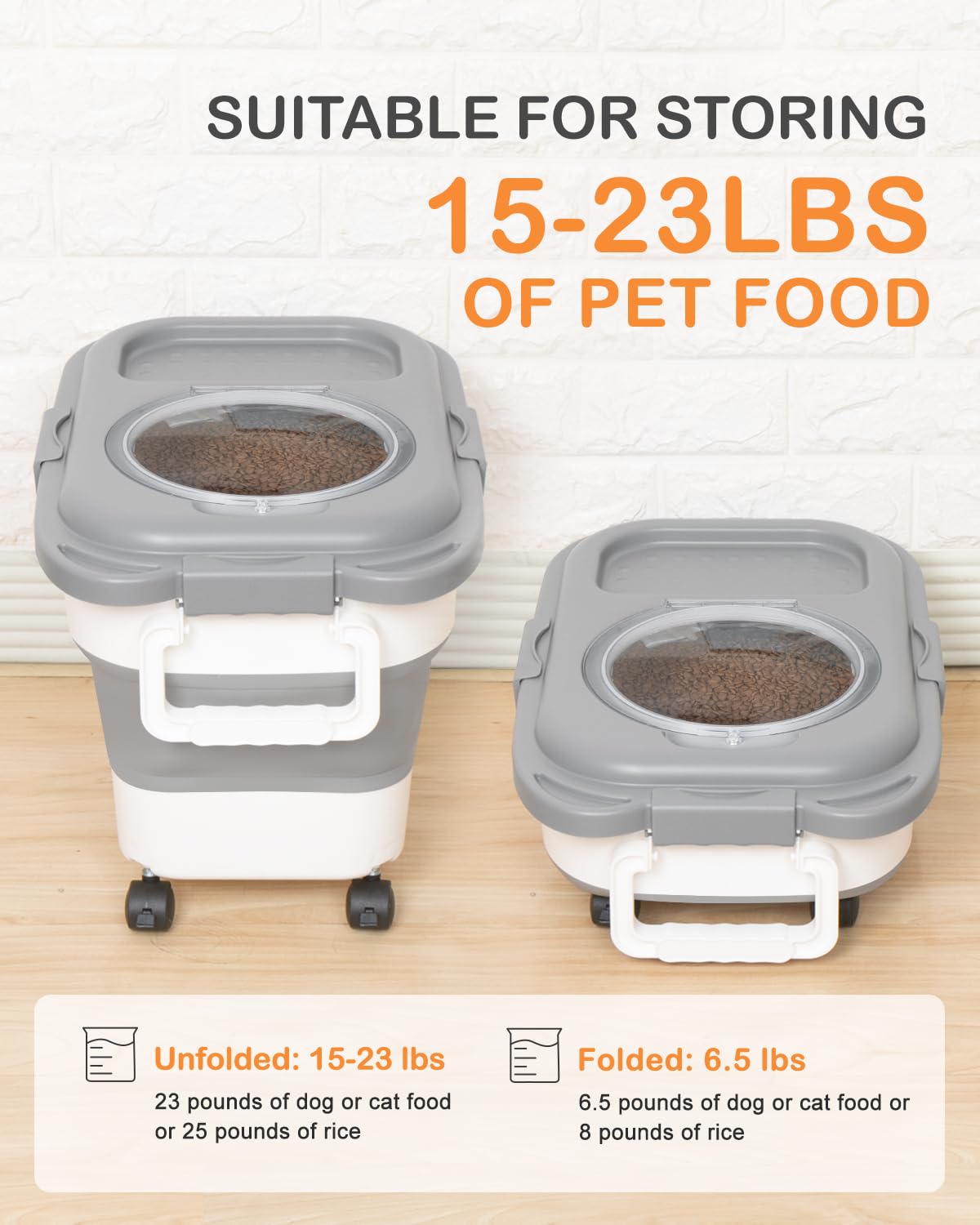 Collapsible Pet food storage Container, 20-23LBS, with Handle and Wheels, Grey