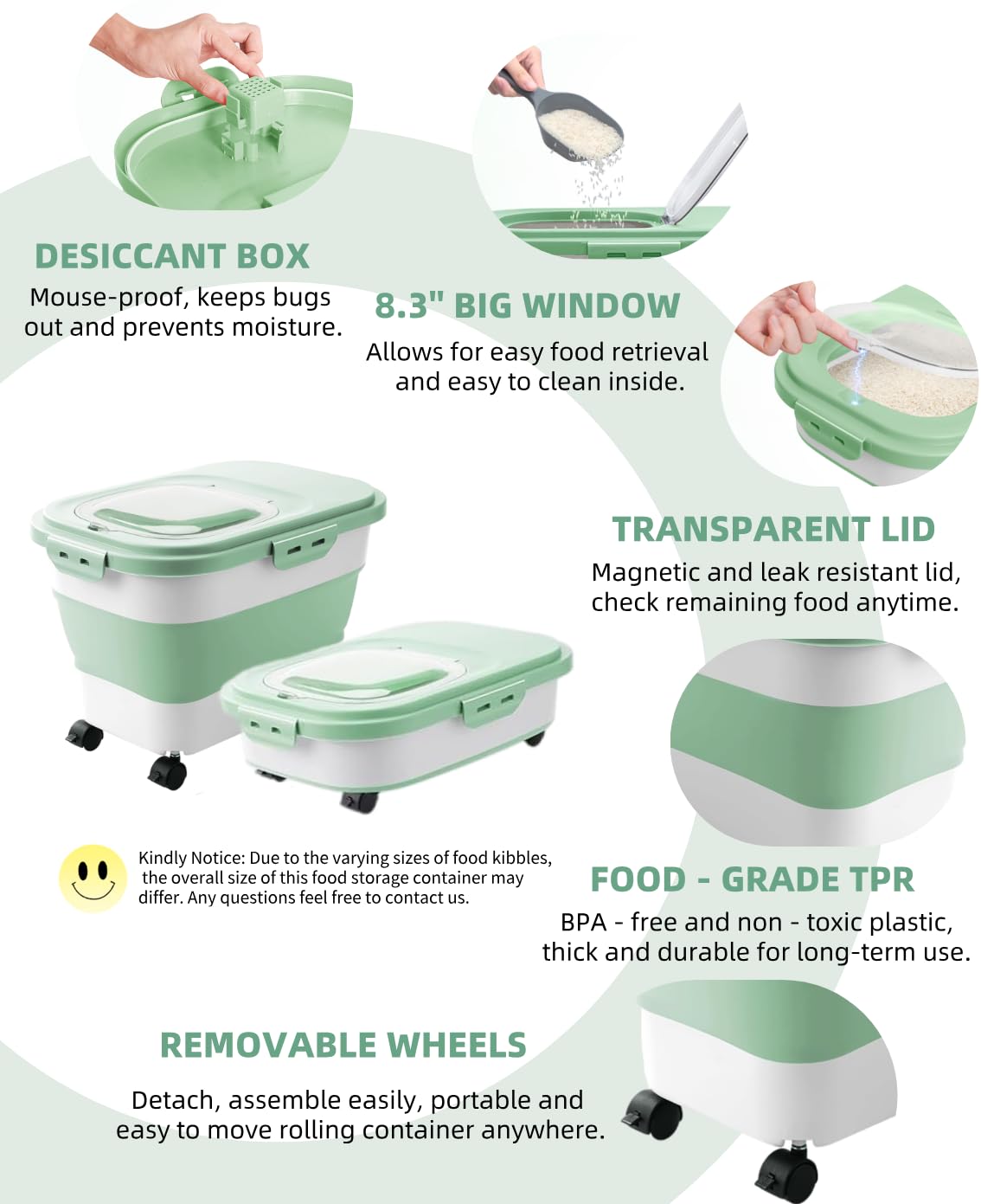 Collapsible Pet food storage Container, 20-23LBS, with Wheels, Green