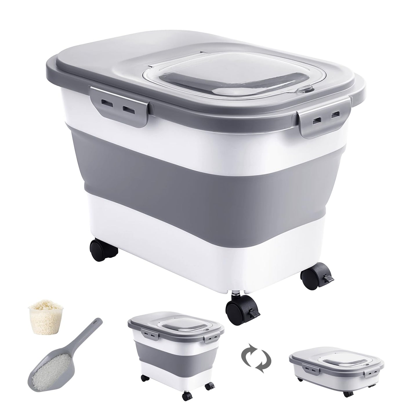 20-30 Lbs Rice Storage Container,Collapsible Food Storage Containers with Rolling Wheel Airtight Locking Lid,Flour Storage Container with Cup and Scoop,Suitable for Food,Rice,Pet Food,Flour