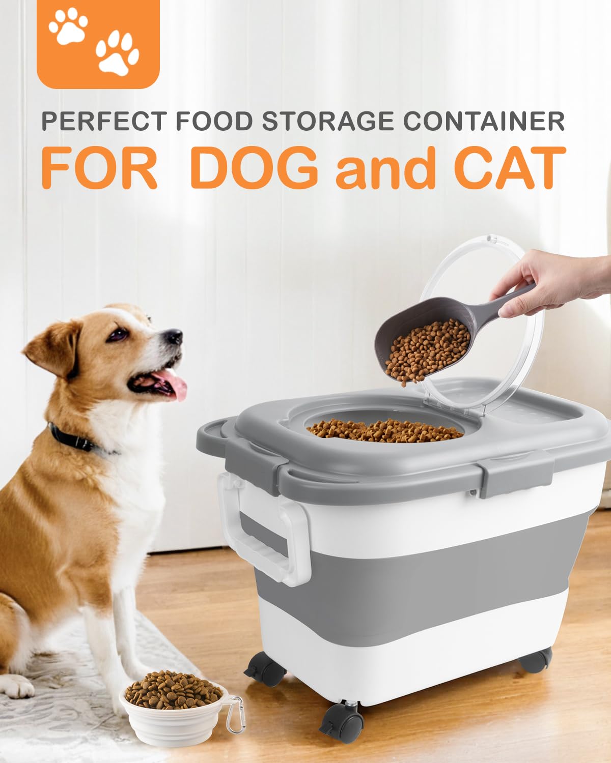 Collapsible Pet food storage Container, 20-23LBS, with Handle and Wheels, Grey