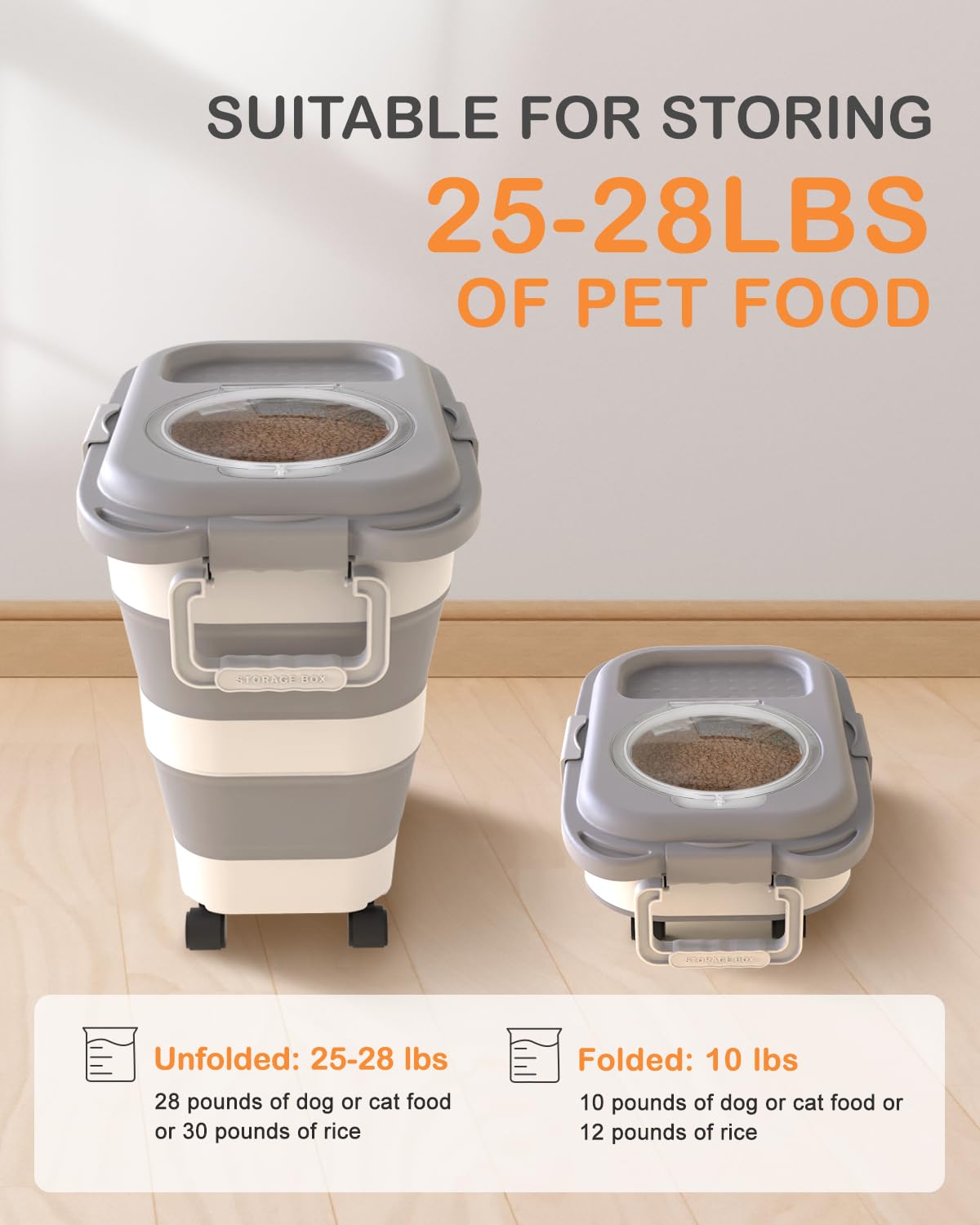 Collapsible Pet food storage Container, 23-25LBS, with Handle and Wheels, Grey