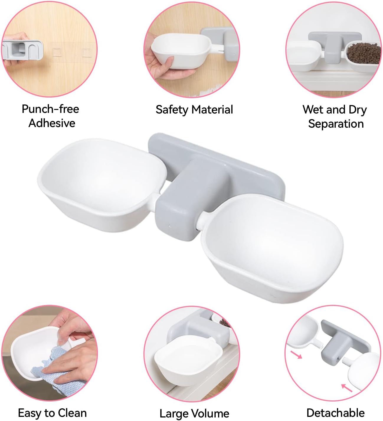 DDMOMMY Elevated Cat Bowls, Wall Mounted Food and Water Dish, Hanging Set, Raised No Spill With 8.5 oz, Anti Vomiting, Pet Feeding Bowls for Cats & Puppies, White