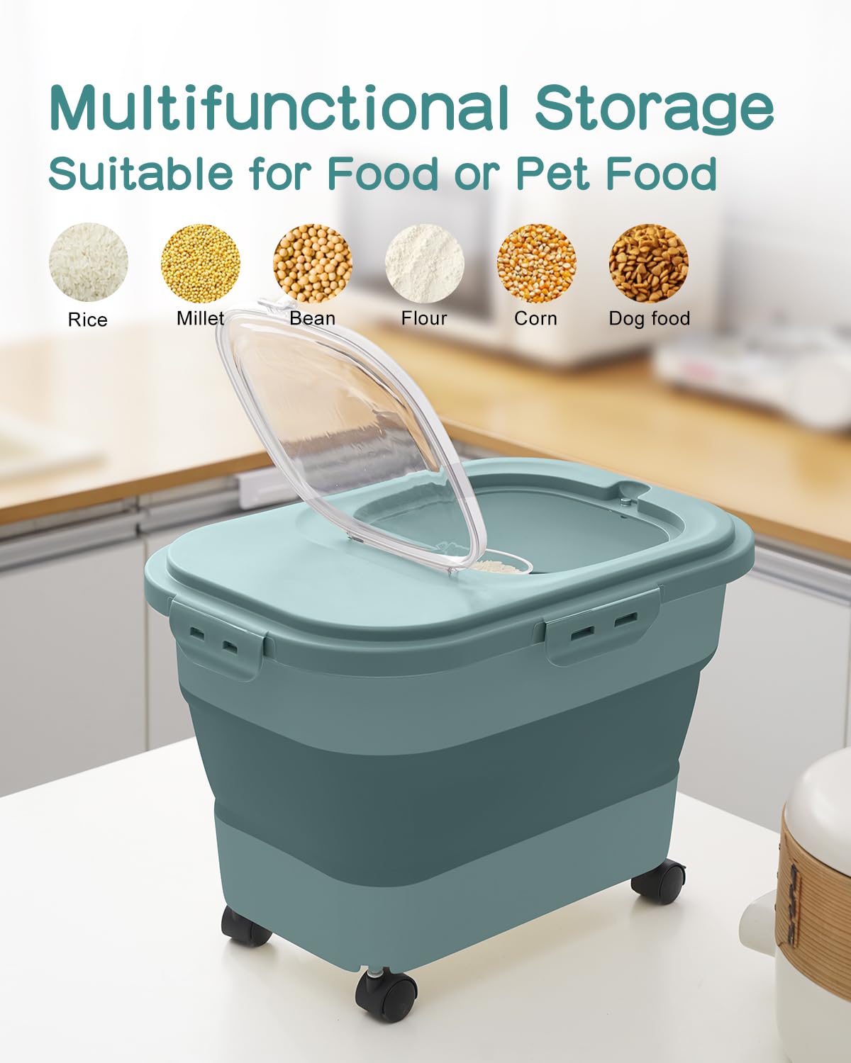 Collapsible Pet food storage Container, 20-23LBS, with Wheels, Green